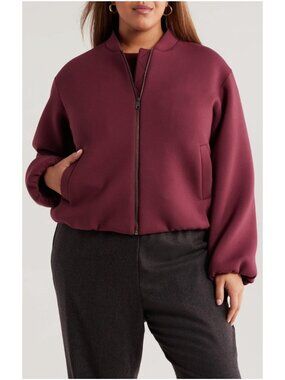 Nordstrom Womens Scuba Knit Burgundy Bomber Jacket XL Full-Zip Elastic Hem & Cuf